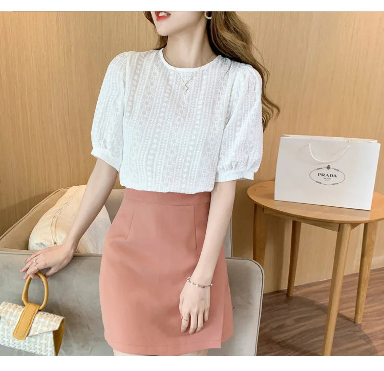 Korean Embroidery Floral Blouse Women Summer New Sweet Loose Lace Shirt Women's 2025 Short Sleeve O Neck Casual White Tops 15217