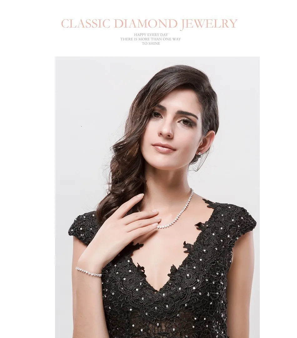 Silver Color 3 Prong Round Cubic Zirconia Necklace Earring Bridal Jewelry Set Simple Design Bride Wedding Accessories