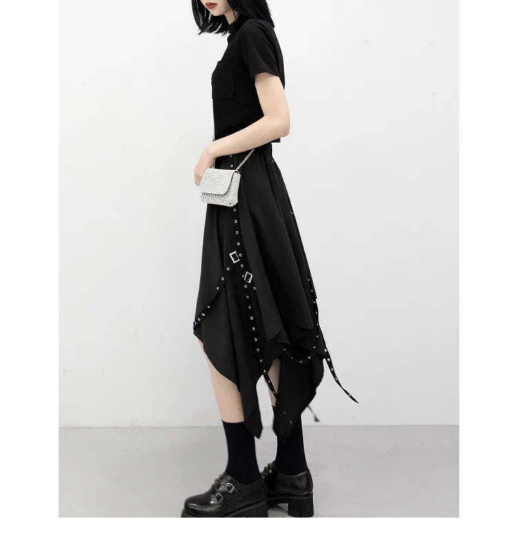 Irregular Skirt Girl's New Dark Tie Street Punk Wind Weave Buckle Medium-length Y2k Gothic Long Skirt