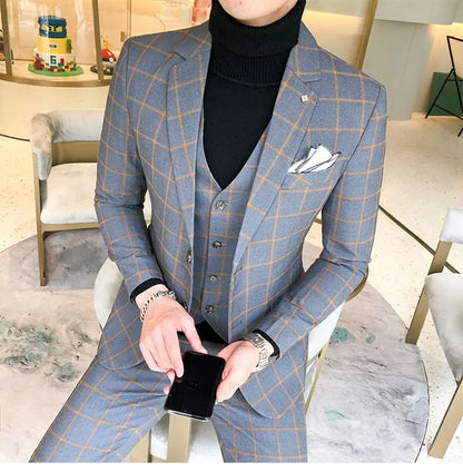 Blazer and Vest and Pants / Boutique Fashion Plaid Men's Casual Business Suit 3pcs Set Groom Wedding Dress Performance Costume