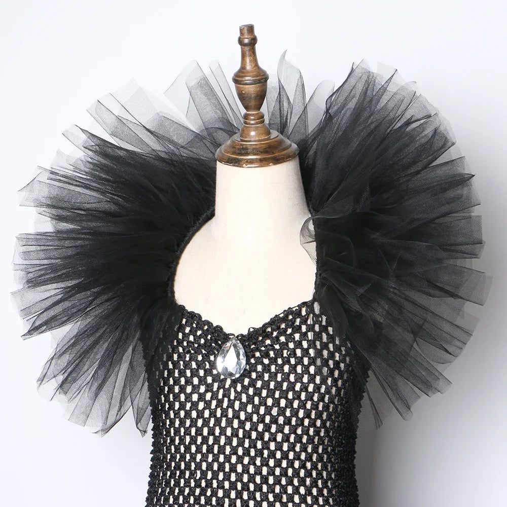 Girls Black Evil Queen Maleficent Tutu Dress Horns Wings Dark Witch Cosplay Carnival Halloween Costume for Kids Fancy Clothes