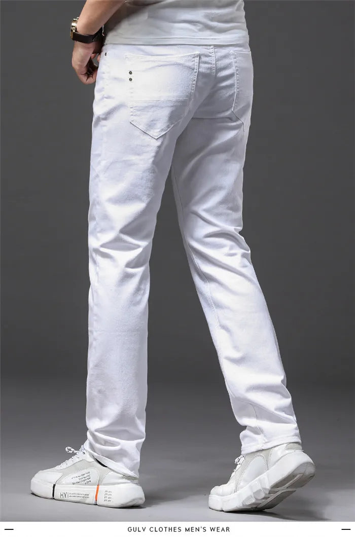 Men White Jeans Fashion Casual Classic Style Slim Fit Soft Trousers Male Advanced Stretch Pants