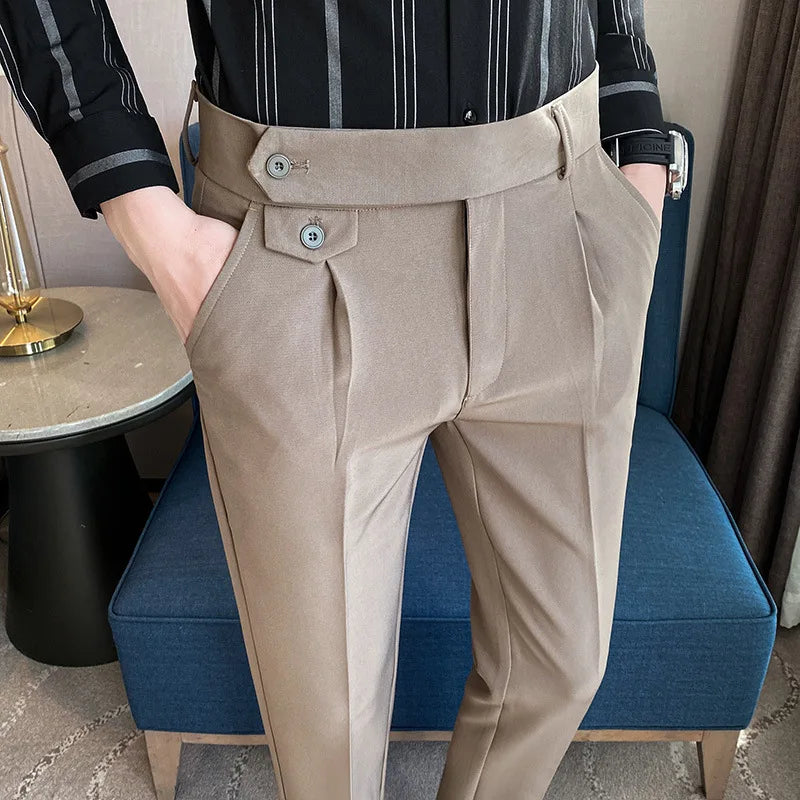 New Men's High Waist Formal Business Small Canvas Straight Zipper Fly Dress Pants Casual Slim Office Pants