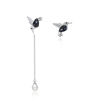 S925 Sterling Silver Hummingbird Freshwater Pearl Earrings Green Austrian Crystals Cute Animal Jewelry Gifts for Women Girls
