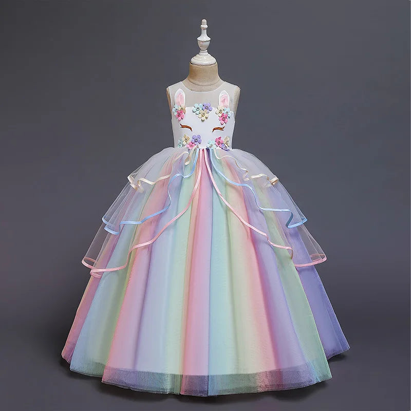 Vestido Longo de Festa de Casamento Unicórnio Arco-Íris para Menina Vestido de Performance de Dança de Personagem de Unicórnio para Festa de Aniversário de Menina Conjunto de Três Peças