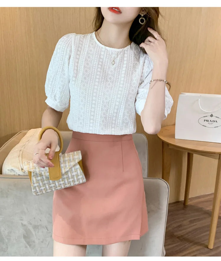 Korean Embroidery Floral Blouse Women Summer New Sweet Loose Lace Shirt Women's 2025 Short Sleeve O Neck Casual White Tops 15217