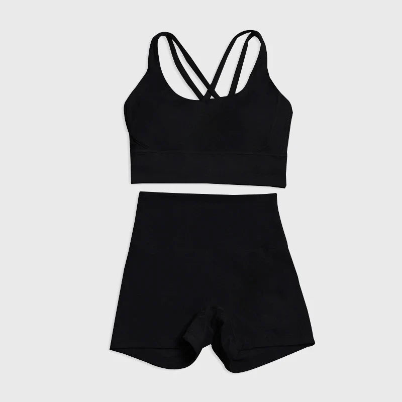 SOISOU Gym Womens Clothing Shorts Sets Yoga Women's Tracksuit Sexy Bra High Waist Short Sportwear Elastic Set Woman 2 Pieces