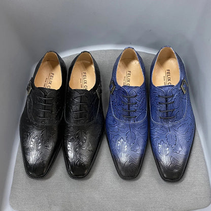 2022 Classic Men Oxford Dress Shoes Real Leather Flower Print Cap Toe Lace Up Buckle Blue Wedding Party Formal Footwear for Men