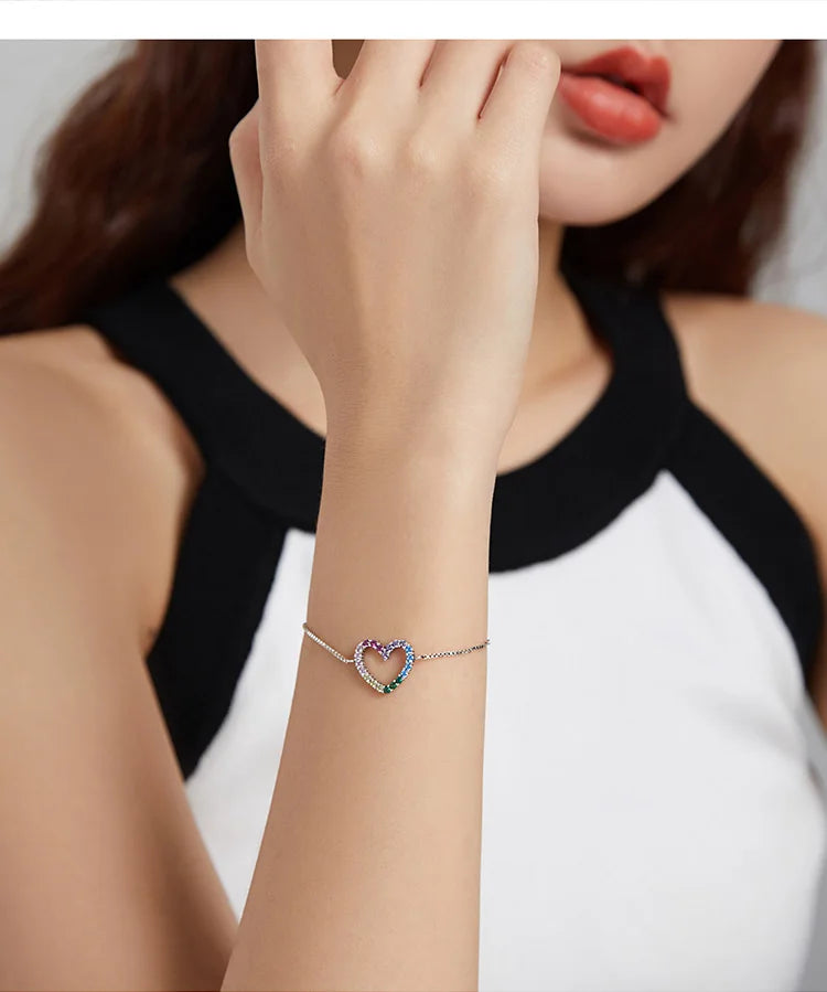 925 Sterling Silver Colorful Heart Pattern Adjustable Bracelet Love Zircon Chain for Women Fine Jewelry SCB216