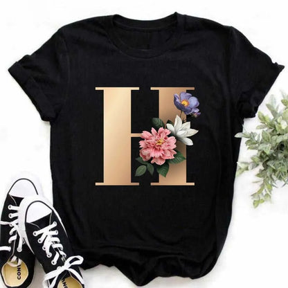 A B C D E English Alphabet Print T Shirt Women New Summer Couples Lovers Female T-Shirt Harajuku Casual Black Tops Tshirts