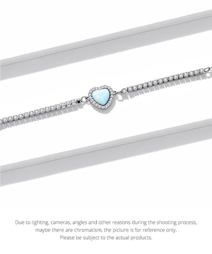 Authentic 925 Sterling Silver Opal Heart-Shaped Pendant Bracelet Fit Women Sterling Silver Jewelry Gift