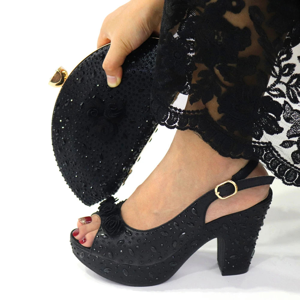 Italian Women Shoes and Bag Set Decorated with Rhinestone In Party African Italian Shoes and Bag Set Party Shoes Bag