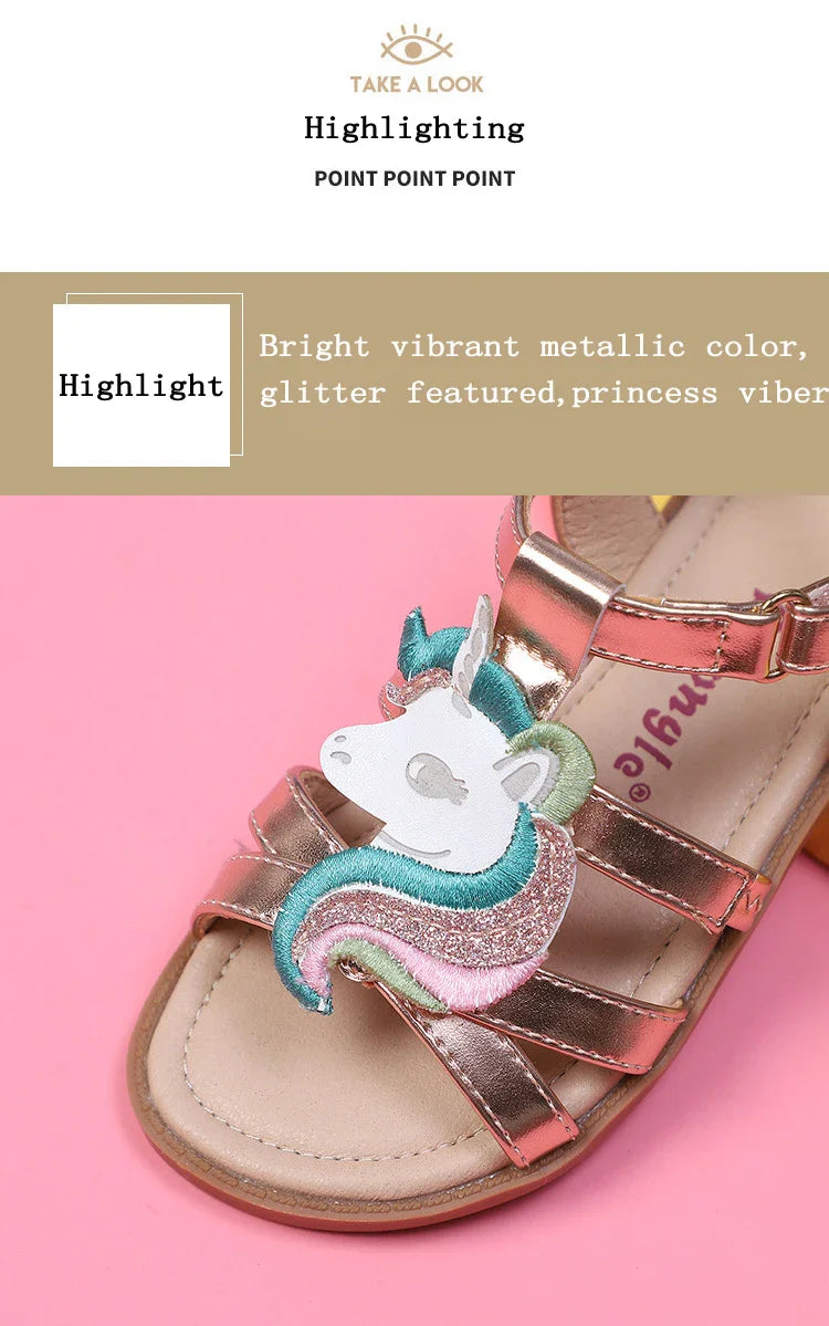 Unicorn girls sandals bright metallic kids girls sandals Adjustable customized fit princess summer shoes