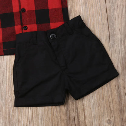 1-5Y Summer Toddler Kids Baby Boy Sets Gentleman Clothes Red Plaid Shirt Tops Shorts Pants Formal Outfit