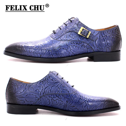 2022 Classic Men Oxford Dress Shoes Real Leather Flower Print Cap Toe Lace Up Buckle Blue Wedding Party Formal Footwear for Men