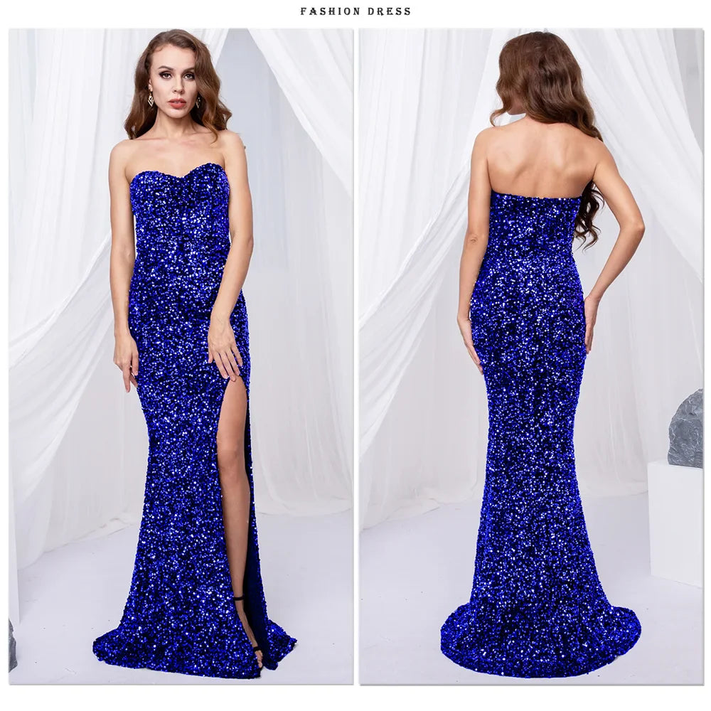 Luxury Sequin Strapless Evening Party Dresses Stretch Velvet Sexy Slit Leg Padded Long Cocktail Prom Dress Wedding Gown