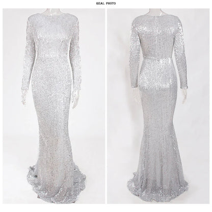 Modest Green Long Sleeve Mermaid Sequin Evening Gown Formal Dress Gold O Neck Stretch Women Wedding Party Maxi Cocktail Dresses