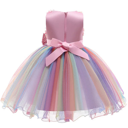 High Quality Summer Girls Dress Rainbow Mesh Bow Birthday Party Dance Costume Little Princess Dress Kids Clothes 1-10 Years Old