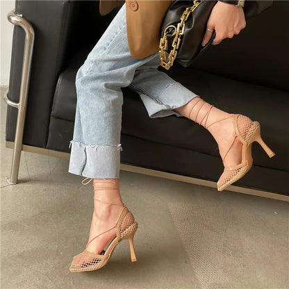 White Hollow Mesh Woman Pumps Sandals Square Toe High Heel Ankle Lace Up Cross-tied Party Dress Female Shoes