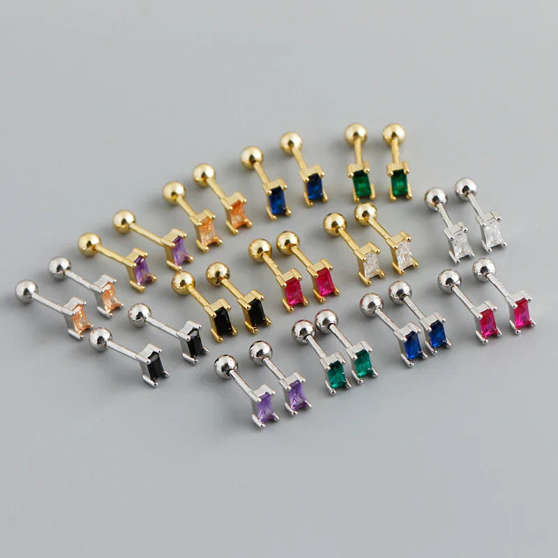 925 Sterling Silver Colorful Square Shiny Zircon Beads Piercing Stud Earrings for Women Fashion Gothic Exquisite Jewelry