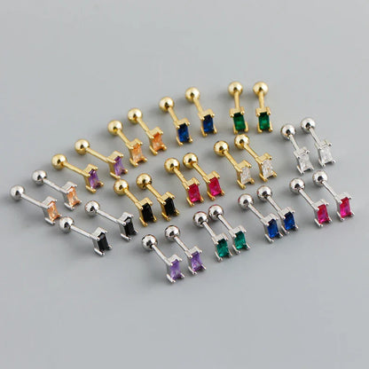 925 Sterling Silver Colorful Square Shiny Zircon Beads Piercing Stud Earrings for Women Fashion Gothic Exquisite Jewelry