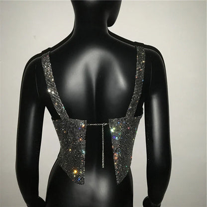 2025 Glitter Nightclub Backless Rhinestone Tank Top Women Sexy Metal Crystal Diamonds Sequined Night Club Party Wear Crop Top