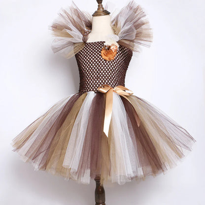 Brown Jungle Lion Costume for Baby Girls Animal Party Fancy Tutu Dress for Kids Halloween Christmas Tulles Outfit with Hairs Bow