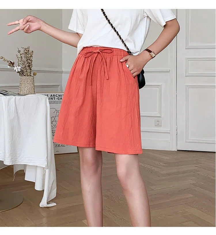 2024 Women Cotton Shorts,Summer Casual Solid Two Pockets shorts high waist loose shorts for girls Soft Cool female shorts