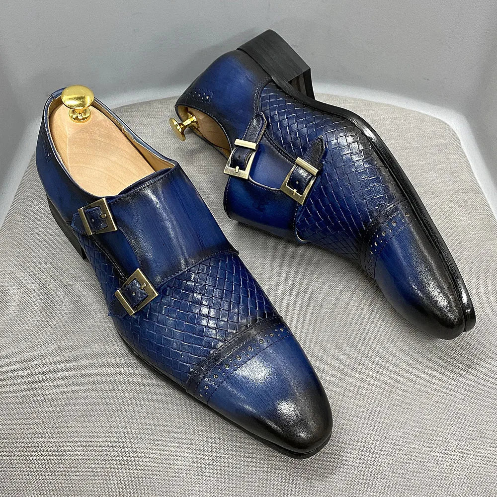 Classic Mens Dress Shoes Genuine Leather Double Buckle Monk Strap Cap Toe Blue Black Wedding Business Formal Suit Shoes for Men