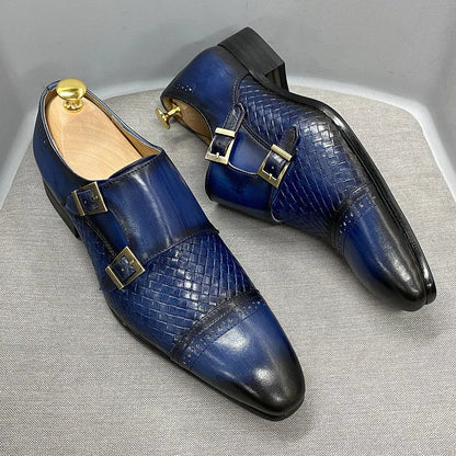 Classic Mens Dress Shoes Genuine Leather Double Buckle Monk Strap Cap Toe Blue Black Wedding Business Formal Suit Shoes for Men