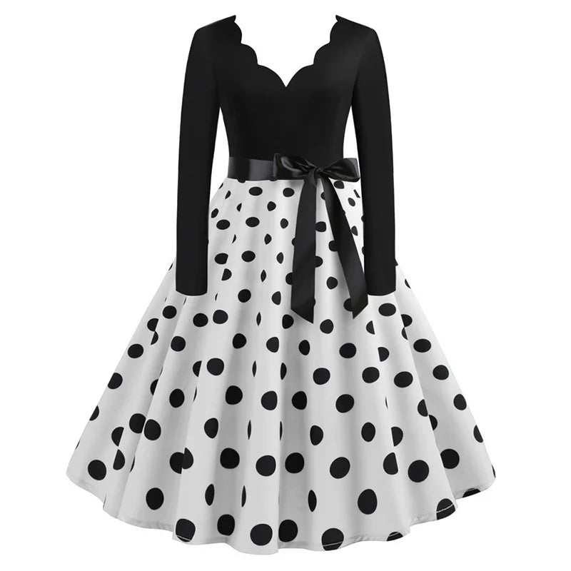 Women Vintage Long Sleeve Polka Dot Dress Spring Autumn New Year Party Dresses 3XL Black Vestidos