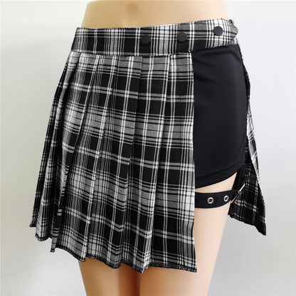 Summer Harajuku Punk Style Plaid Irregular Skirts Women Asymmetrical High Waist Black Skirts Pleated Girls Gothic Half Skirts