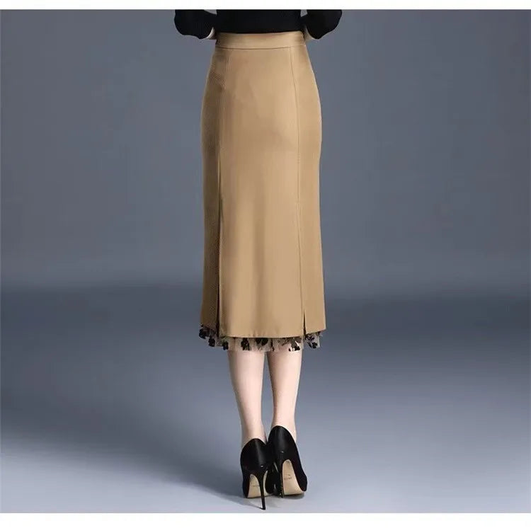 2026 Women Spring Summer Irregular Mesh Skirt Band Splice High Waist Skirt Knee Khaki Split Office Lady Skirt