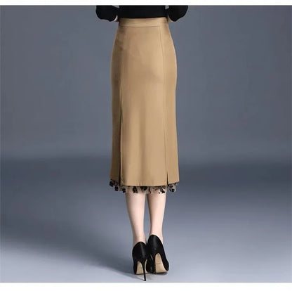 2026 Women Spring Summer Irregular Mesh Skirt Band Splice High Waist Skirt Knee Khaki Split Office Lady Skirt