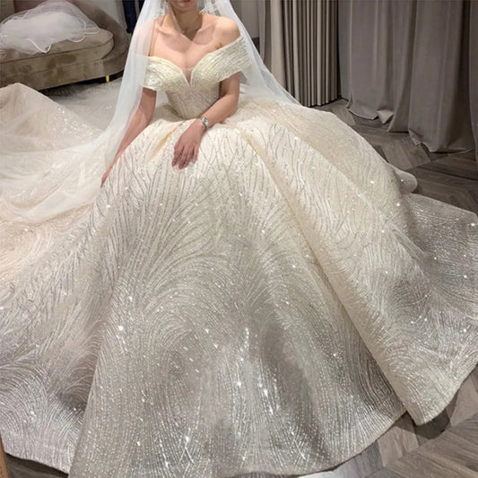 Wedding Dress Shiny Wedding Dress Classic Boat Neck Bridal Party Gown Vestido De Noiva Robe De Mariee Customized