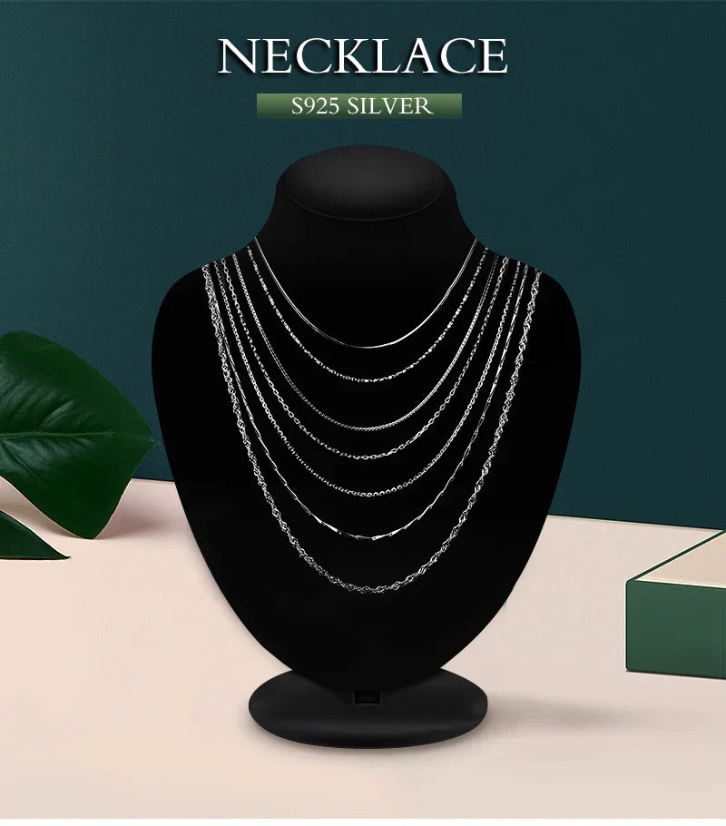 Genuine 100% 925 Sterling Silver Necklace Ingot Twisted Trace Belcher Snake Bar Singapore Box Chain Necklace Women