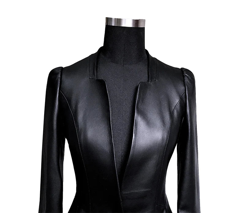 Lautaro Autumn Black Slim Soft Pu Leather Jacket Women Deep V Neck Long Puff Sleeve Elegant Luxury Skirted Blazer Fashion 2021