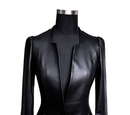 Lautaro Autumn Black Slim Soft Pu Leather Jacket Women Deep V Neck Long Puff Sleeve Elegant Luxury Skirted Blazer Fashion 2021