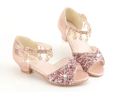 Girls Sandals Children Crystal Shoes 2023 Summer Kids Glitter Shoes High Heels Sequined Rhinestone Pendants Open Toes Princess
