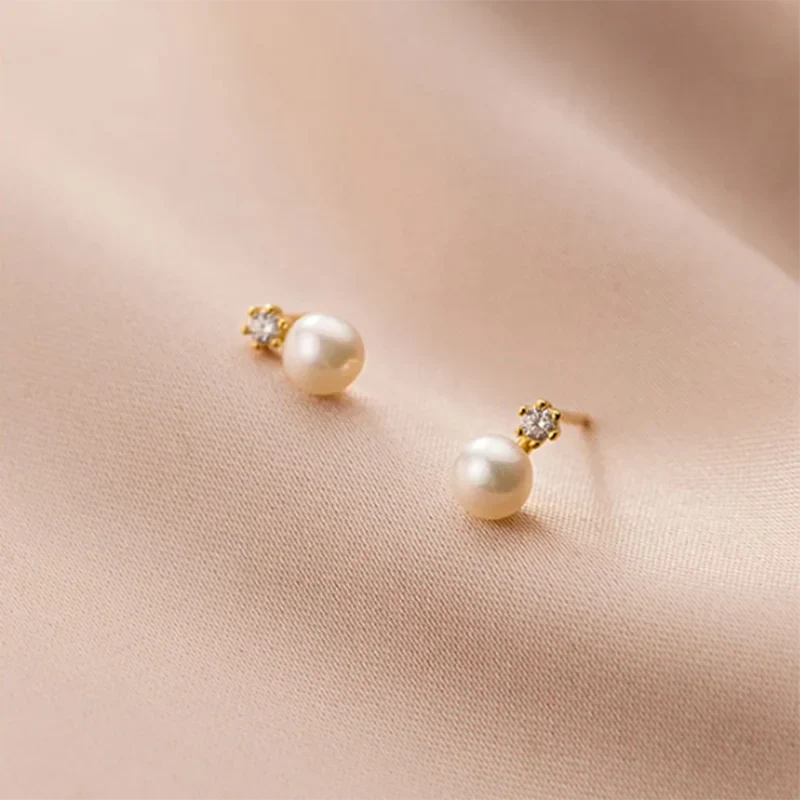 Genuine 925 Sterling Silver Geometric Zircon Pearl Mini Small Stud Earrings for Women Chic Charming Korean Jewelry 2021