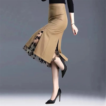 2026 Women Spring Summer Irregular Mesh Skirt Band Splice High Waist Skirt Knee Khaki Split Office Lady Skirt