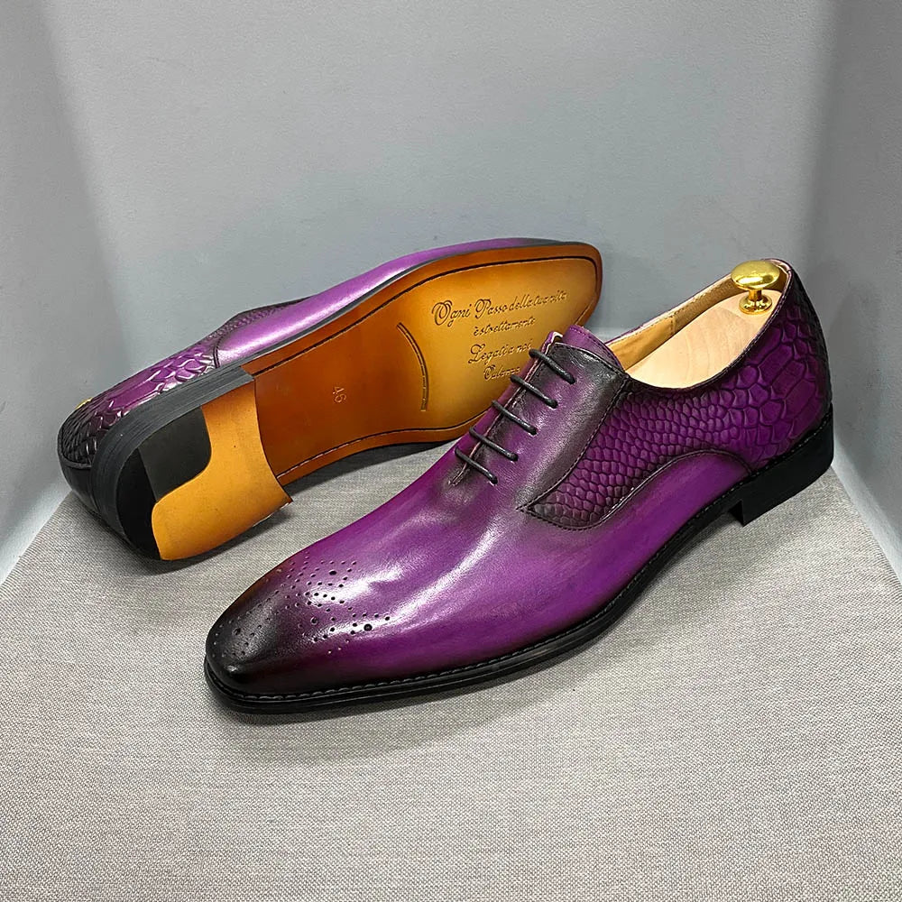 Luxury Men's Genuine Leather Oxford Shoes Snake Skin Print Black/Purple Lace-Up Square Toe Formal Dress Shoes