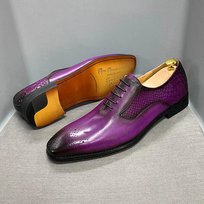 Luxury Men's Genuine Leather Oxford Shoes Snake Skin Print Black/Purple Lace-Up Square Toe Formal Dress Shoes