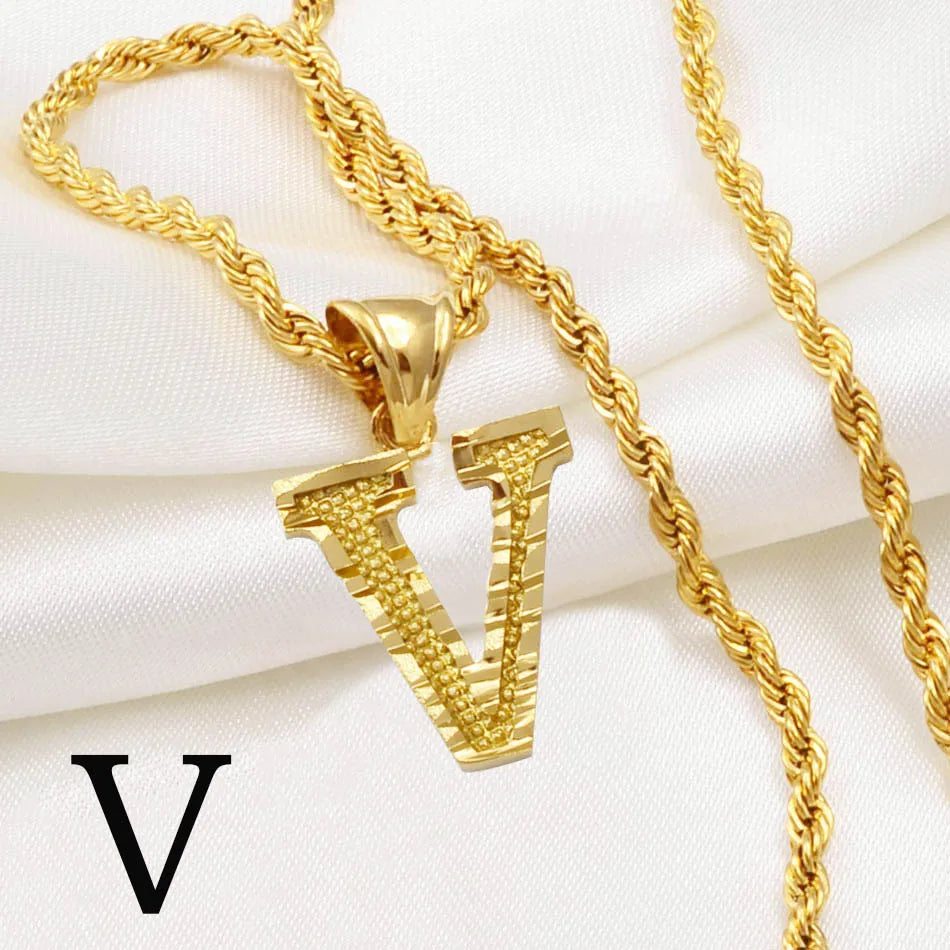 A-Z Letters Necklaces Women Men Gold Plated Initial Pendant Rope Chain English Letter Jewelry Alphabet African #058002B