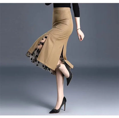 2026 Women Spring Summer Irregular Mesh Skirt Band Splice High Waist Skirt Knee Khaki Split Office Lady Skirt