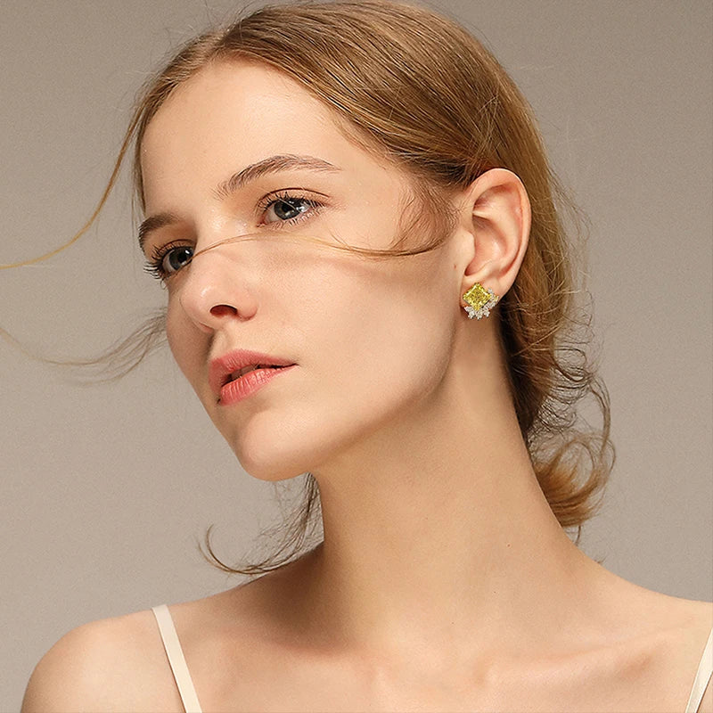 10x10mm 11 Carats Square Yellow 5A Zircon Flower Stud earrings for women S925 Sterling Silver Wedding party Bride jewelry