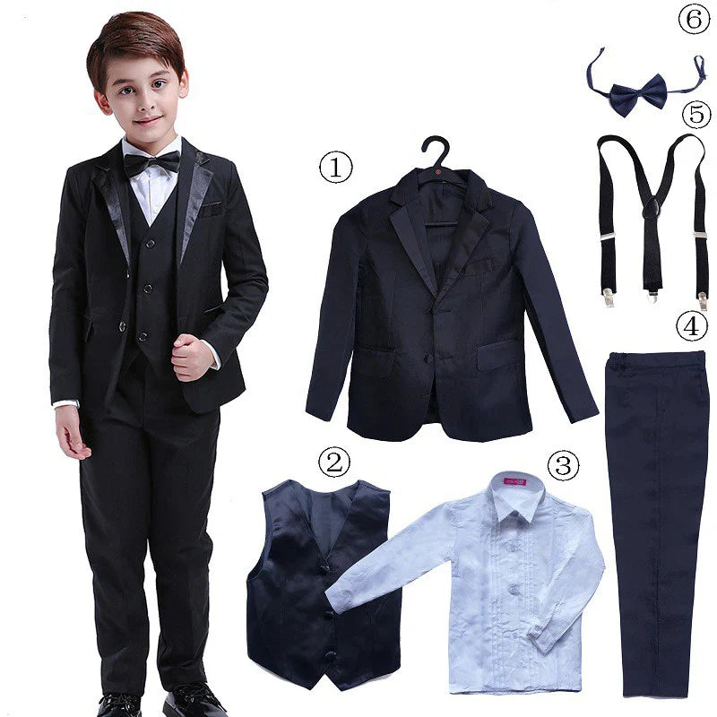 6Pcs Classic Boys Suits for Weddings Formal Blazer Kids Tuxedo Shirt Vest Party Ring bearer Suits Black