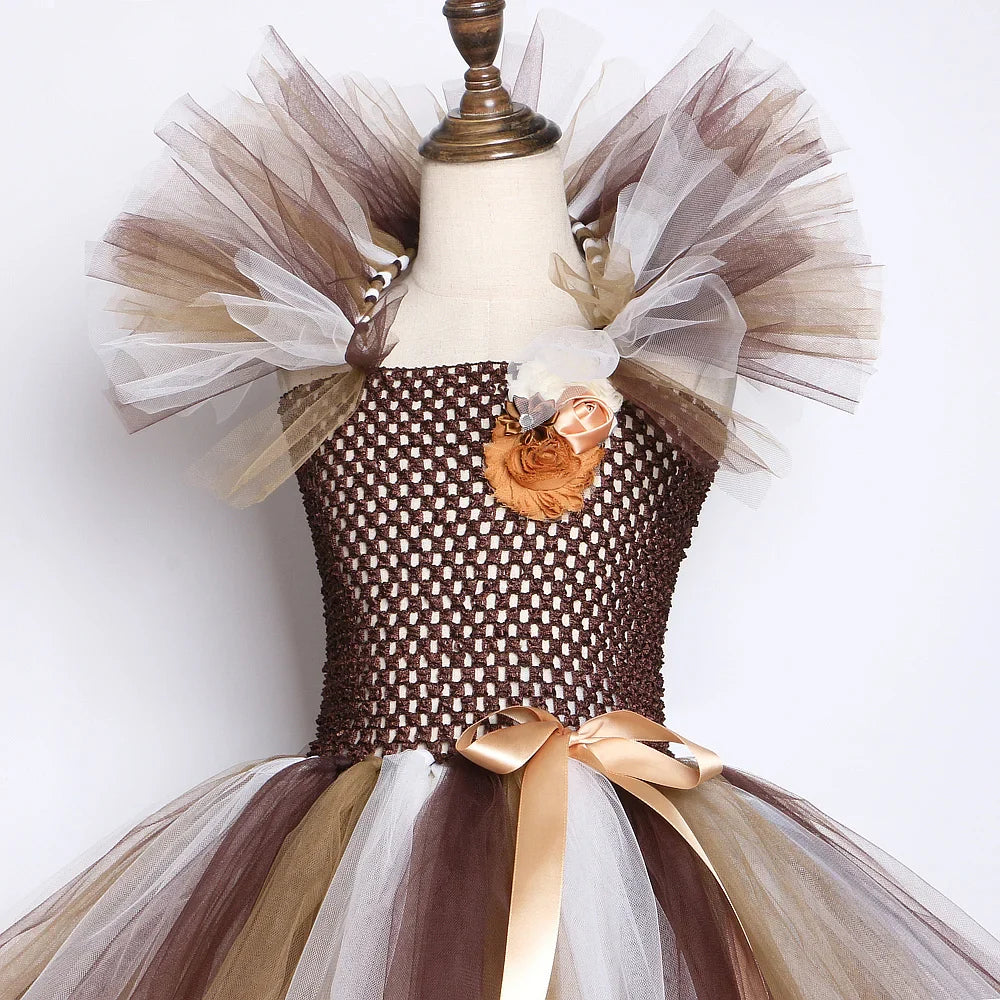 Brown Jungle Lion Costume for Baby Girls Animal Party Fancy Tutu Dress for Kids Halloween Christmas Tulles Outfit with Hairs Bow