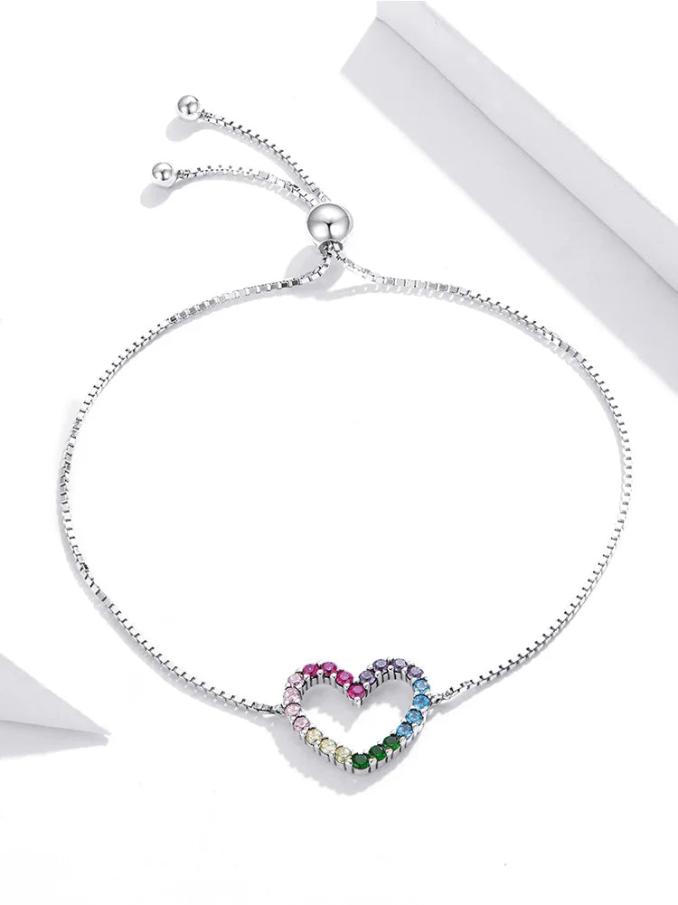 925 Sterling Silver Colorful Heart Pattern Adjustable Bracelet Love Zircon Chain for Women Fine Jewelry SCB216