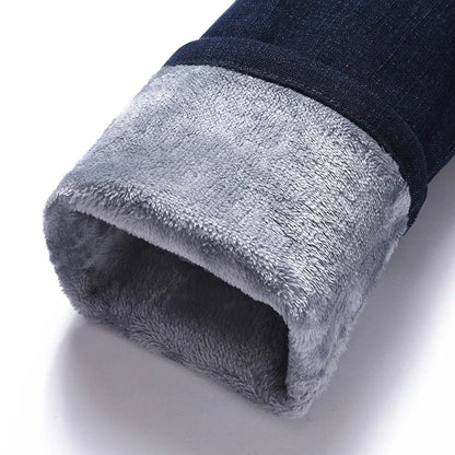 Winter New Men's Warm Blue Black Slim Jeans Classic Style Stretch Slim Fit Thick Pants Fashion Trousers Male Brand